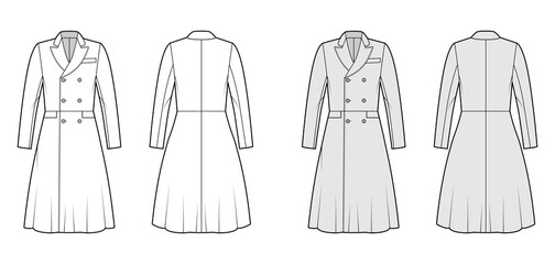 Frock coat technical fashion illustration with long sleeves, round collar peak, knee length, A-line skirt. Flat jacket template front, back, white, grey color style. Women, men, unisex top CAD mockup