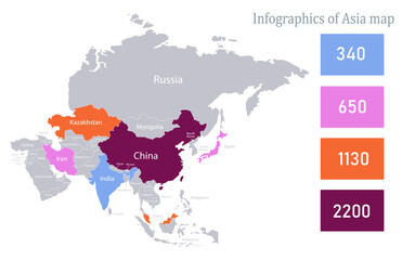 Infographics of Asia map, individual states with names vector
