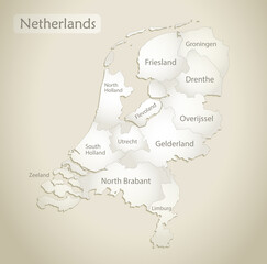 Netherlands map, administrative division with names, old paper background vector
