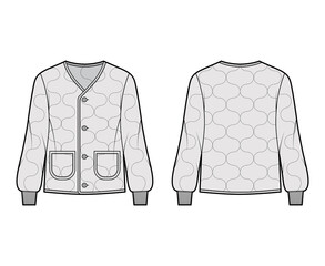 ALS 92 field jacket liner technical fashion illustration with oversized, long sleeves, oval patch pockets, Onion quilted shell. Flat coat template front, back, grey color style. Women men CAD mockup © Vectoressa