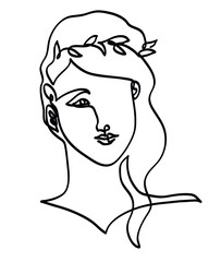 One line drawing of woman face with leaves.
One continuous line drawing of Head in a laurel wreath