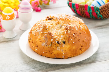 Easter bread (Osterbrot in German) with raisons, almonds and coarse sugar