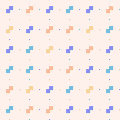 Vector minimalist seamless pattern. Pixel art style. Simple minimal texture with small squares, colorful pixels on white backdrop. Stylish abstract background. 1990s fashion style. Repeated design