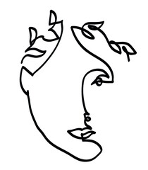 One line drawing of woman face with leaves.
One continuous line drawing of Head in a laurel wreath