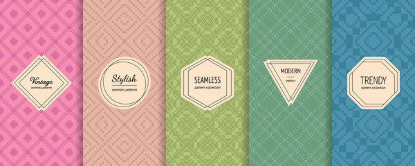 Vector set of vintage seamless patterns in traditional ethnic style. Abstract backgrounds with elegant minimal stickers. Retro geometric ornament in trendy pastel colors. Modern Nordic textures