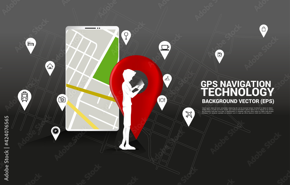 Aufkleber businessman with mobile phone and 3d gps pin marker and map in mobile phone application. concept of 