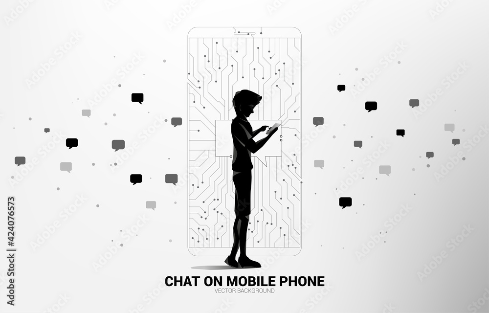 Aufkleber businessman with mobile phone and chat bubble on mobile phone from dot connect line circuit board style. concept of communication network and chat bot technology.