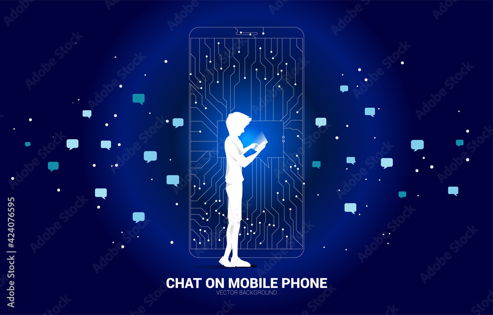 Aufkleber businessman with mobile phone and chat bubble on mobile phone from dot connect line circuit board style. concept of communication network and chat bot technology.