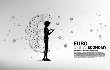 businessman with mobile phone and money euro currency icon from Polygon dot connect line. Concept for europe financial network connection.