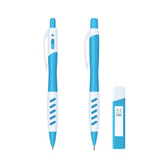 Automatic ballpoint pen and mechanical pencil in blue and white case set. Vector illustration