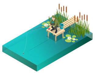 Fisherman with a fishing rod. Isometric fisherman with a fishing rod is fishing on a lake or river. Fisherman sitting with fishing rod and watching at float in lake.