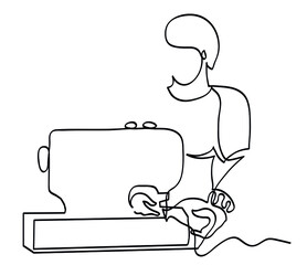 One line drawing of woman and sewing machine.
One continuous line drawing of closeup hands inserting thread into sewing machine needle.