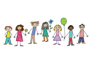 Fototapeta premium Congratulations with Childrens day. Childrens color hand drawing vector illustration with seven children of different nationalities and races with flower, green balloon and lollipop