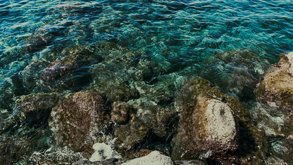 Mare blu di Sicilia, con scogli e fondale marino visibile. Acqua limpida verde azzurro. Luce forte diurna