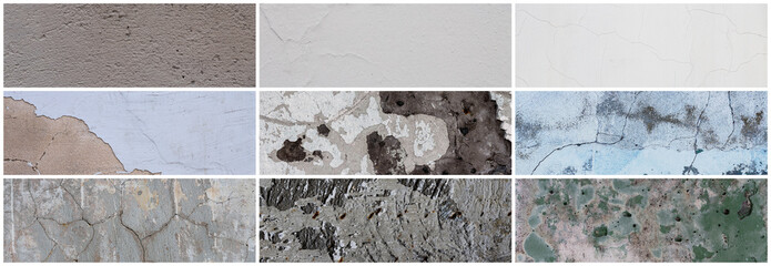 Wall texture set. Rough surfaces of the plastered and colored concrete walls with patterns of...