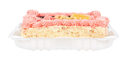 Square shape shortcrust pastry cake with chocolate glaze and pink cream in plastic container isolated on white background