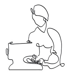One line drawing of woman and sewing machine.
One continuous line drawing of closeup hands inserting thread into sewing machine needle.