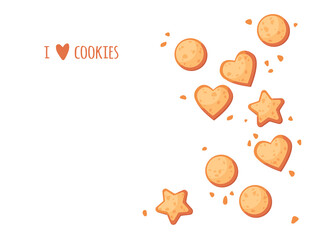 Cute pre-made greeting card of biscuits. I love cookies. Heart, star and circle shaped pastry. Cartoon vector illustration.