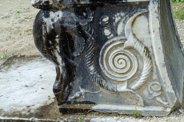 The theatre of the Amphiareion oropos Greece,Close up Marble thrones with relief floral decoration