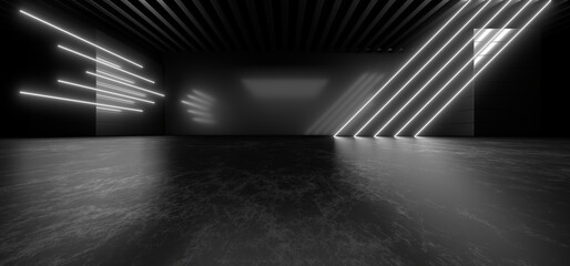 Obraz premium A dark corridor lit by white neon lights. Reflections on the floor and walls. 3d rendering image.