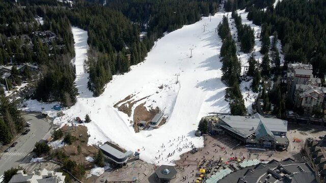 Whistler Village BC March 29th 2021: Drone footage of skiiers finishng their last runs of the season as news of BC mandate to close Whistler Blackcomb early circulates due to high Covid infection rate