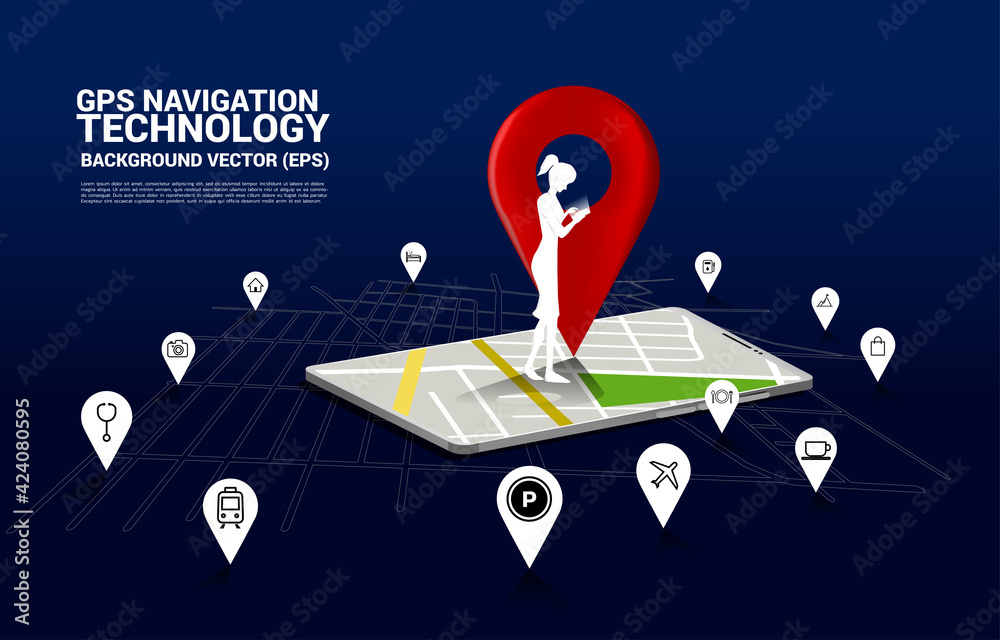 Poster businesswoman with mobile phone and 3d gps pin marker and map in mobile phone application. concept o