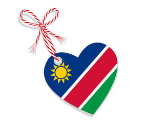 Fahne als Herz  „I Love Namibia“ mit Kordel-Schleife,
Vektor Illustration isoliert auf weißem Hintergrund
