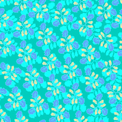 Seamless pattern with hand drawn abstract leaves in flat style,simple floral illustration,bright print for wallpaper and wrapping paper,cover and interior design,fabric,turquoise background