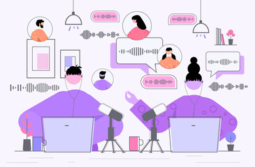 businesspeople communicating by voice messages audio chat application social media online communication concept horizontal portrait vector illustration
