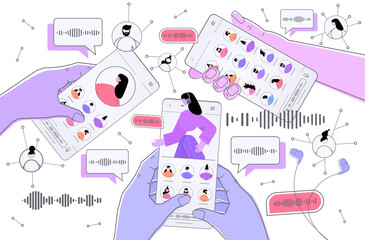 hands using smartphones communicate by voice messages audio chat application social media online communication