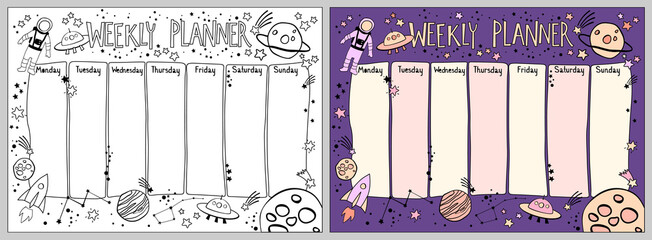 Weekly planner with space theme in cartoon style. Kids schedule design template. Black and white vector illustration for coloring book