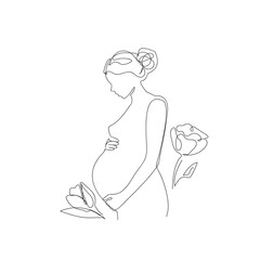 Happy Mother day card. Continuous one line drawing. Woman hold her baby. Pregnant Woman