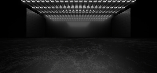 A dark corridor lit by white neon lights. Reflections on the floor and walls. 3d rendering image.