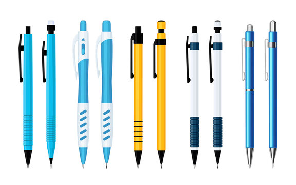 Automatic spring ballpoint pens and mechanical pencils set of various designs. Vector illustration