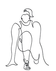 One line drawing of athlete woman in running start pose.
One continuous line drawing of woman ready to run.