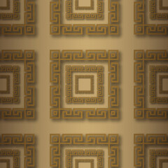 3d gold seamless pattern. Vector greek background. Surface repeat square frames backdrop. Modern ornament with greek key, meanders, squares, frames, mazes, shapes. Ornate golden design with shadows