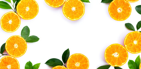 Fototapeta na wymiar Orange fruits frame on white. Citrus fruits low in calories, high in vitamin C and fiber