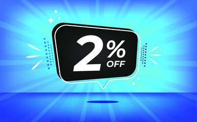 2% off. Blue banner with two percent discount on a black balloon for mega big sales.