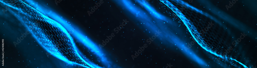 Wall mural connected hexagons. abstract wave of white hexagons on a dark blue background. 3d rendering
