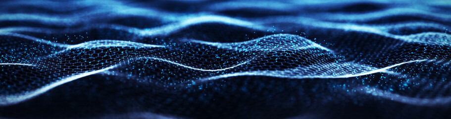 Connected hexagons. Abstract wave of white hexagons on a dark blue background. 3d rendering