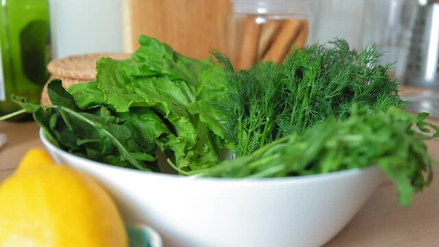 The chef chooses fresh salad and herbs for breakfast, lunch, dinner. Female hands choose salad, dill, spinach, rucola in a light kitchen in a white dish. Slow-mo