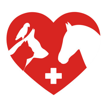 Illustration logo for veterinary clinic, applicable for a pet shop. Animal silhouettes on the background of the heart 