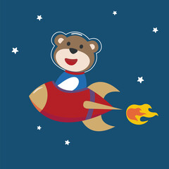 Fototapeta premium Cute bear astronaut play with his rocket. animal in outer space. Vector hand-drawn color children's illustration background for fabric, textile, nursery wallpaper, poster, card. and other decoration.