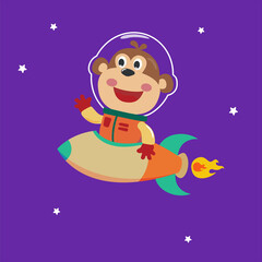 Fototapeta na wymiar Monkey astronaut play with his rocket. Animal in outer space. Vector hand-drawn color children's illustration background for fabric, textile, nursery wallpaper, poster, card. and other decoration.