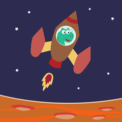 Dino play with his rocket. Dinosaur in outer space. Vector hand-drawn color children's illustration background for fabric, textile, nursery wallpaper, poster, card, brochure. and other decoration.