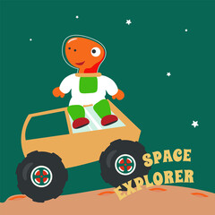 Obraz na płótnie Canvas Dino and his Rover exploring the red planet. Mission to search for traces of life. Creative vector childish background for fabric, textile, nursery wallpaper, poster, brochure. and other decoration.