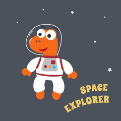 Naklejka premium Funny dinosaur in space.Dinosaur in outer space. Vector hand-drawn color children's illustration background for fabric, textile, nursery wallpaper, poster, card, brochure. and other decoration.