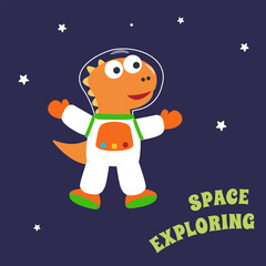 Naklejka premium Funny dinosaur in space.Dinosaur in outer space. Vector hand-drawn color children's illustration background for fabric, textile, nursery wallpaper, poster, card, brochure. and other decoration.