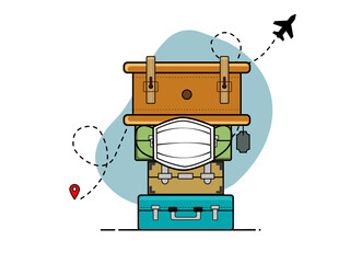 Concept of safe traveling, wearing mask. Set of travel suitcases, of different sizes and form with travel route from one point to another