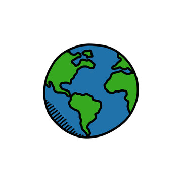 Earth doodle icon, vector color line illustration